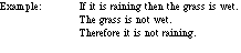 Example of Modus Tollens: "If it is raining then the grass is wet. The grass is not wet. Therefore it is not raining.
